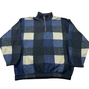 Vintage Bugle Boy Pullover Mens Large Blue Plaid Fleece 1/4 Zip Mock Neck